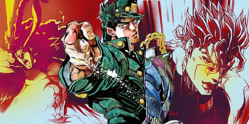 JoJo's Bizarre Adventure's Jotaro Pointing with Kars and Dio bursting in colors.
