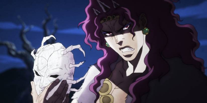 JoJo's Bizarre Adventure's Kars holds a Stone Mask and grimaces at night.