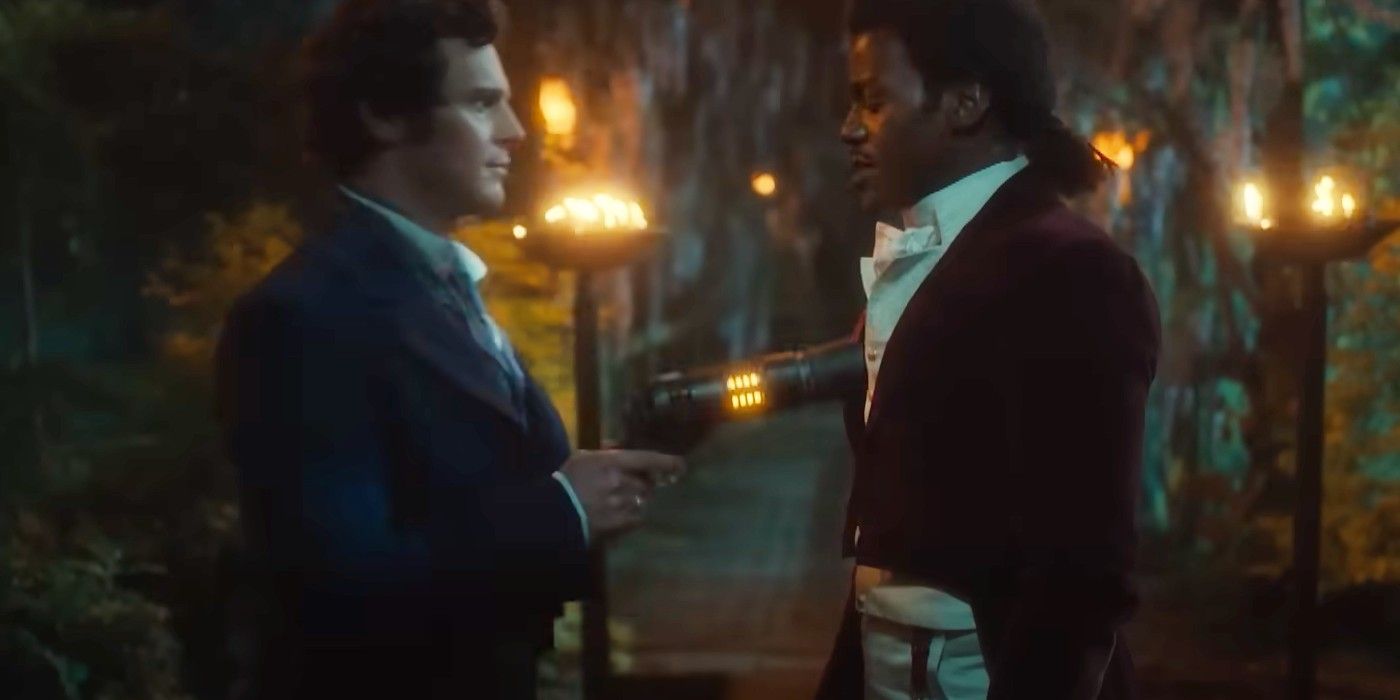 Jonathan Groff holding a gun to Ncuti Gatwa as the Fifteenth Doctor in Doctor Who.