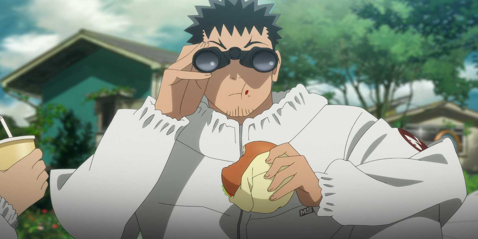 Kaiju No 8 Episode 1 still of Kafka eating a burger while looking out of a pair of binoculars