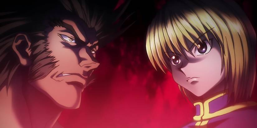 A freeze frame shows Kurapika and Uvogin as they prepare to face off in Yorknew City from Hunter x Hunter.