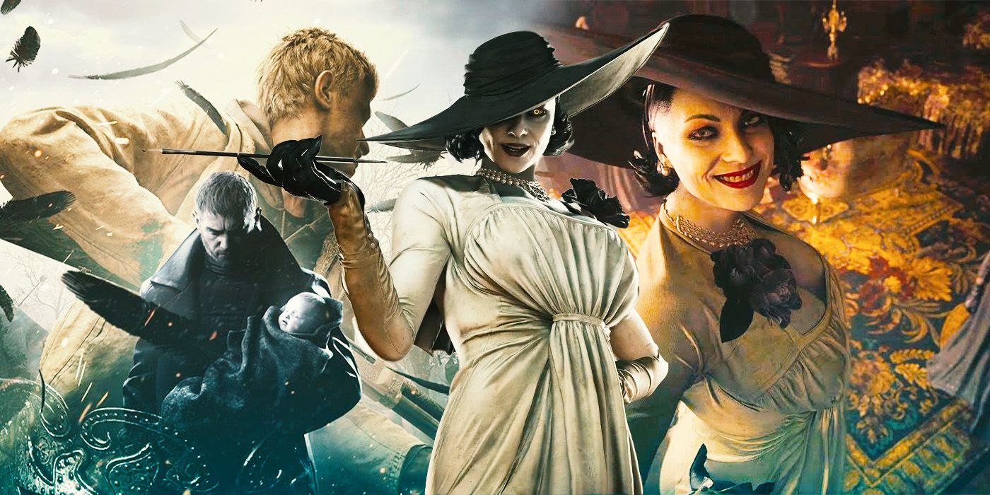 Lady Dimitrescu from Resident Evil village with Chris and Ethan Winters in the background