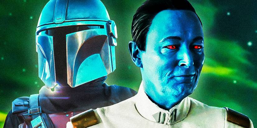 Lars Mikkelsen as Grand Admiral Thrawn and Din Djarin in Ahsoka and The Mandalorian