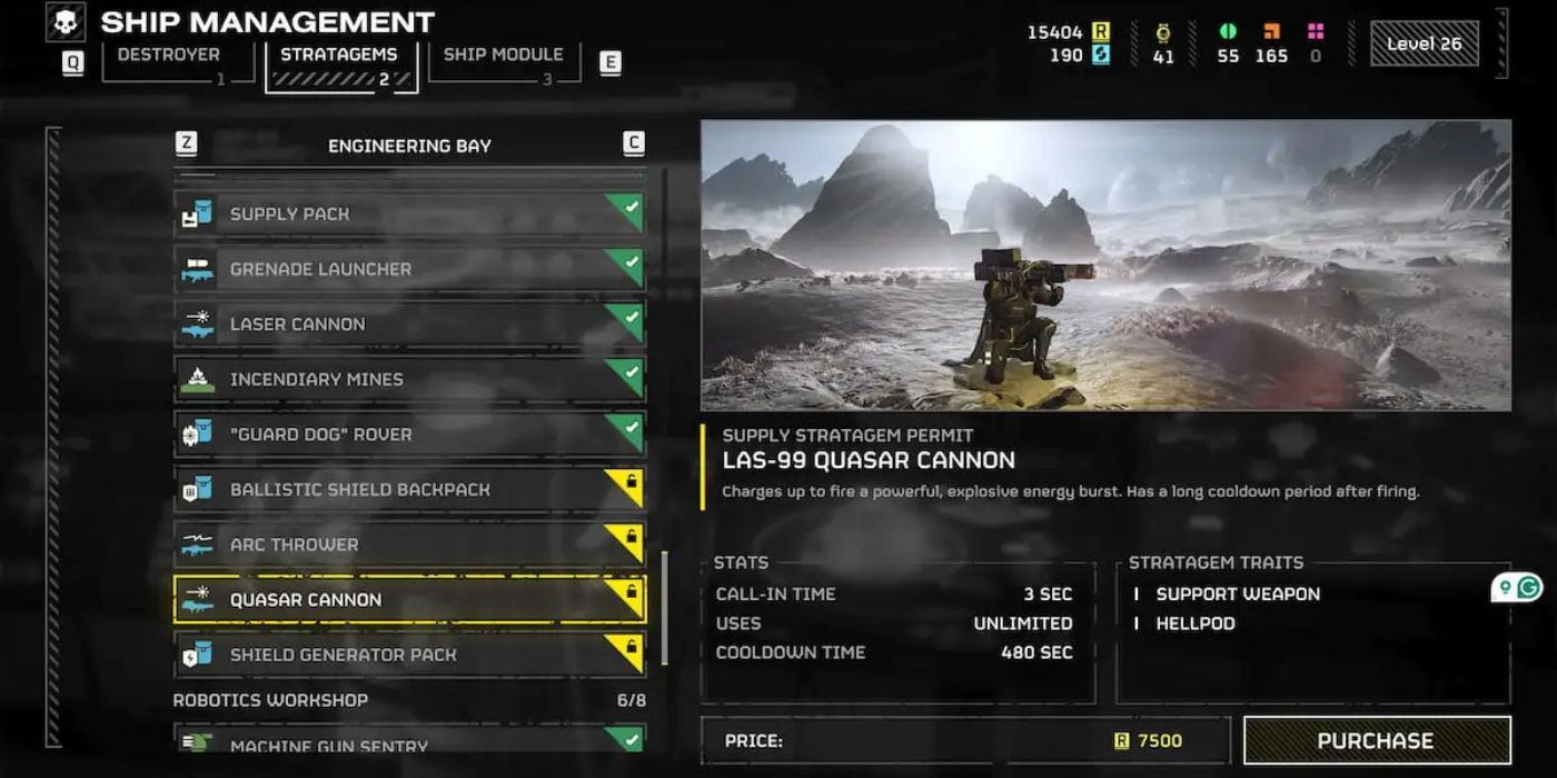 Jogador desbloqueando LAS-99 Quasar Cannon Stratagem em Helldivers 2.