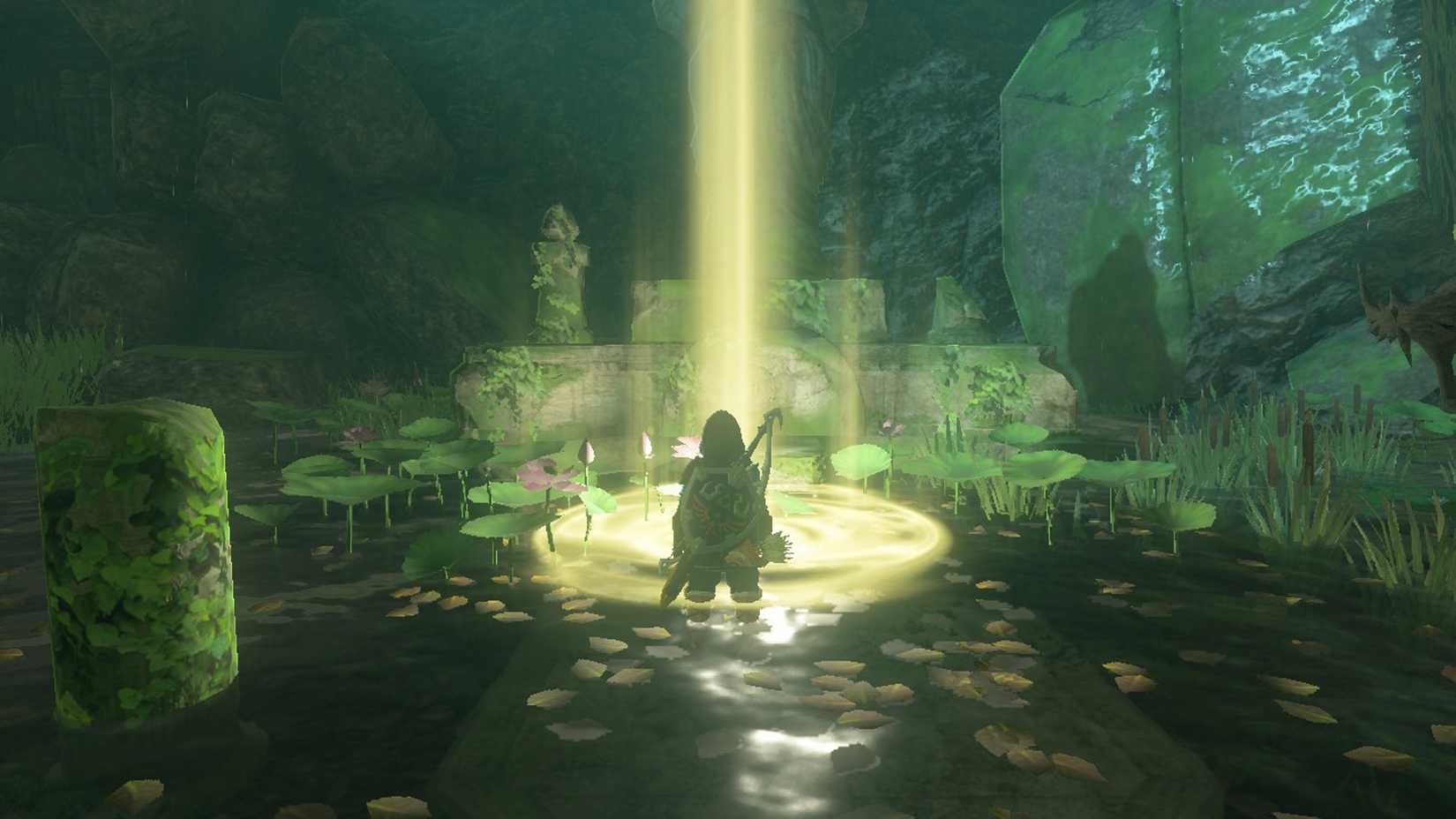 Link oferecendo garra de Farosh a uma estátua da Deusa da Coragem em Tears of the Kingdom