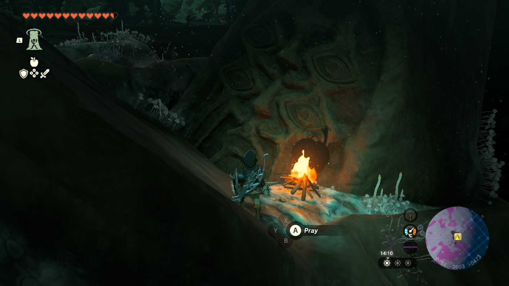 Link Visiting A Bargainer Statue In The Depths And Standing By A Campfire In The Legend Of Zelda Tears Of The Kingdom