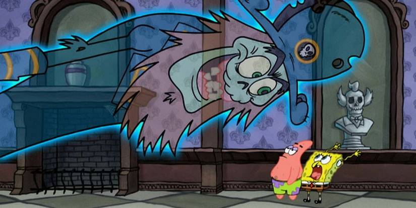 Lord Poltergeist looming over Patrick and SpongeBob.