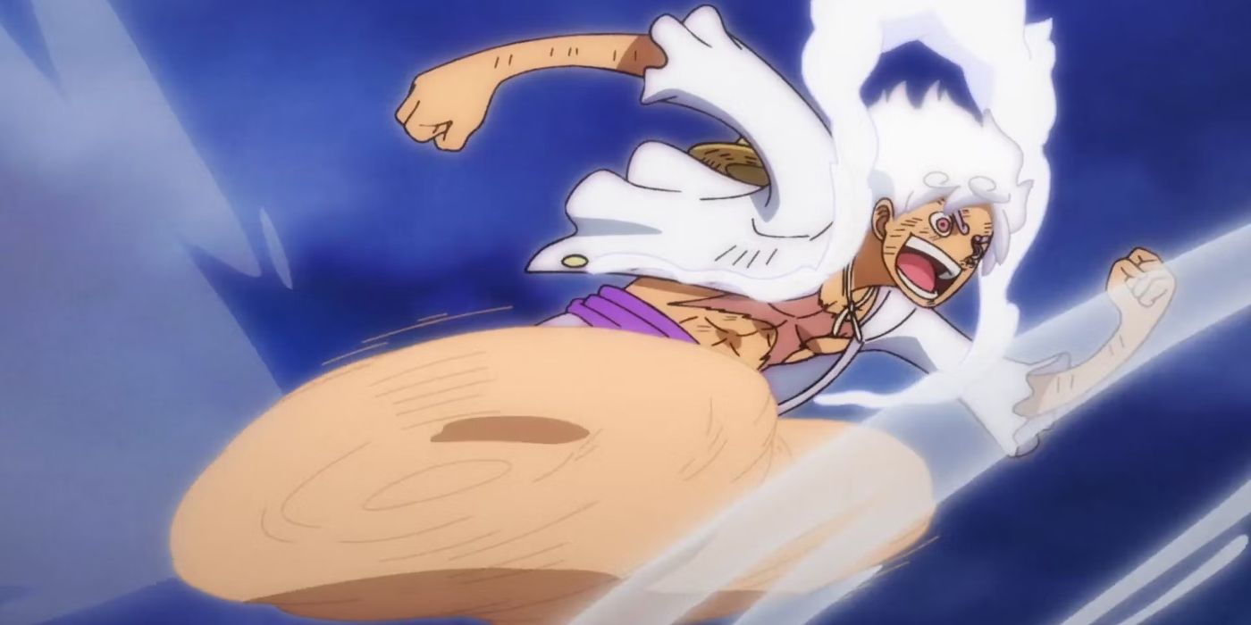 Luffy in Gear 5 form using his cartoon powers