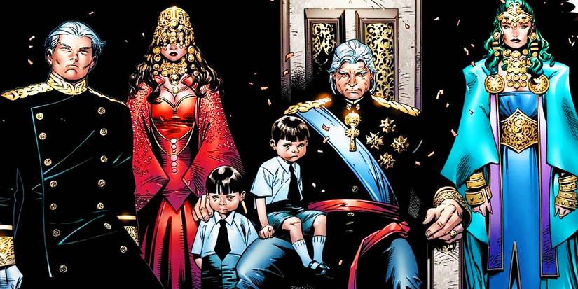 Quicksilver, Scarlet Witch, Tommy and Billy, Magneto, and Polaris in House of M royal garb.