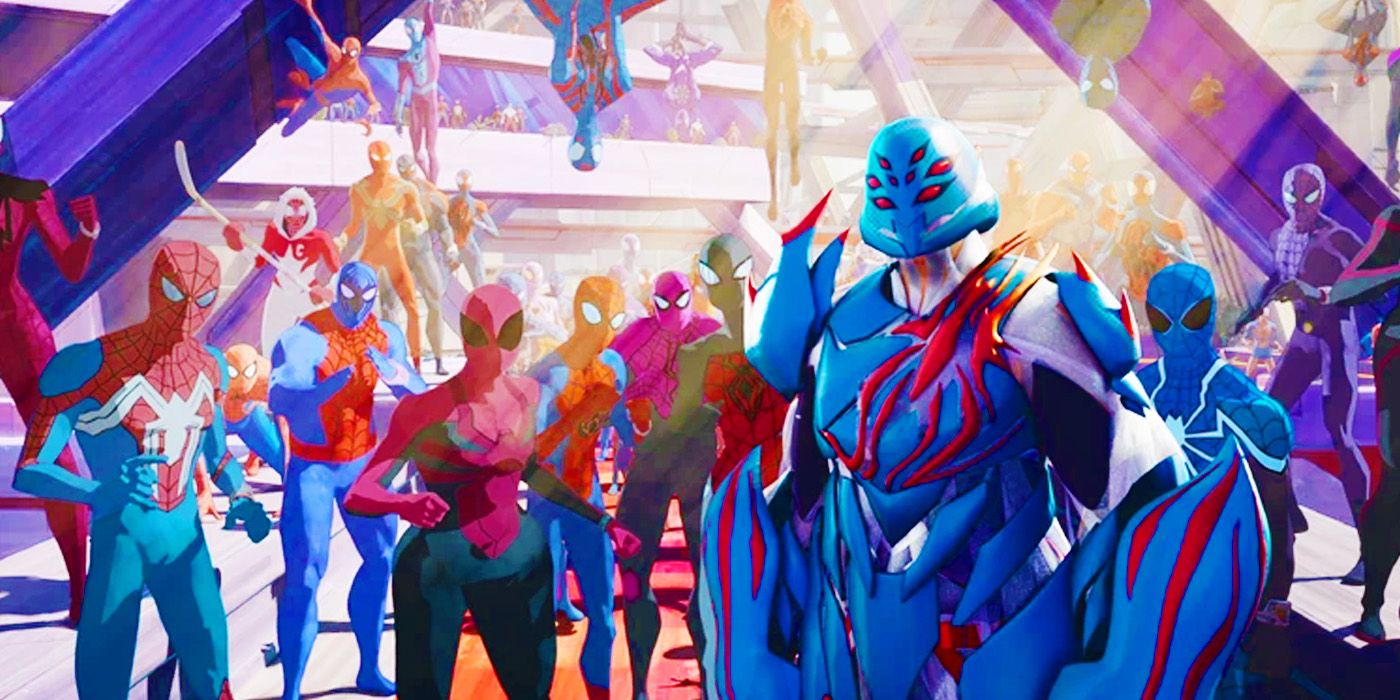 Many Spider-Man variants in the Spider Society in Spider-Man Across the Spider-Verse