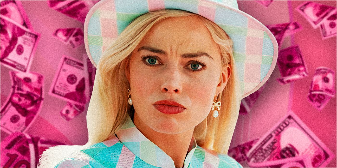 Margot Robbie as Barbie with money falling behind her