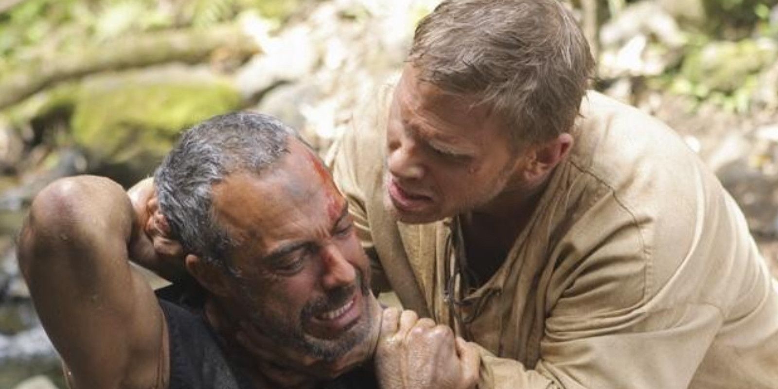 Mark Pellegrino as Jacob in Lost looking intense and strangling his brother, the Man in Black