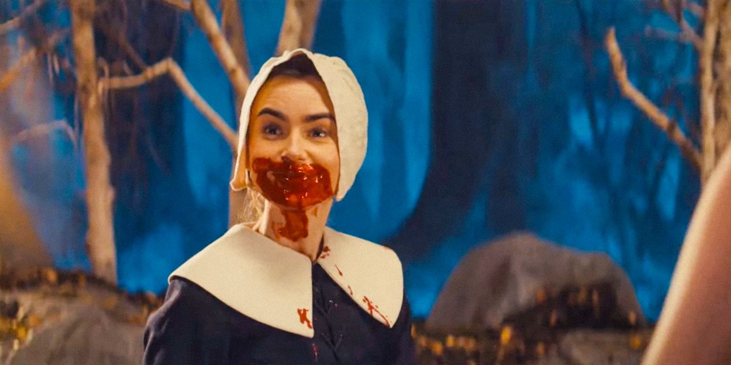 Lily Collins as Molly pretending to have blood stains around her mouth in MaXXXine (2024)