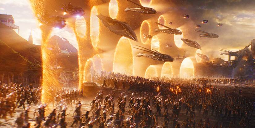 Heróis do MCU surgindo por portais na batalha final de Vingadores: Ultimato