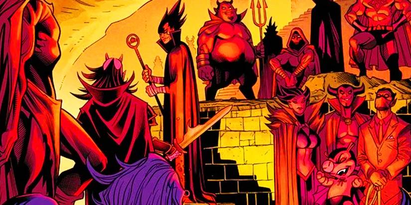 Maphisto variants at the Red Council in Marvel Comics