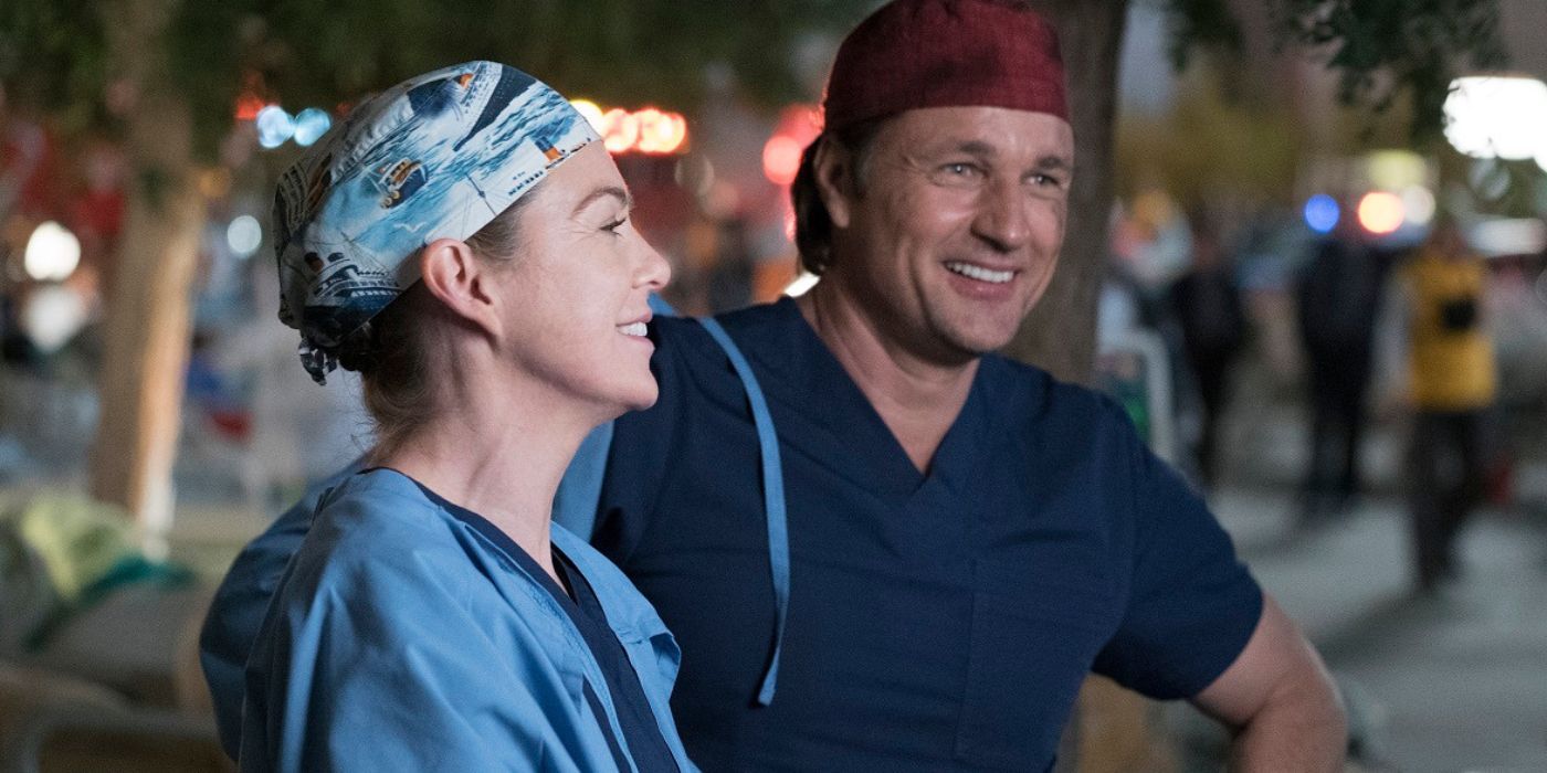 Meredith Grey (Ellen Pompeo) and Nathan Riggs (Martin Henderson) share a laugh in Grey's Anatomy