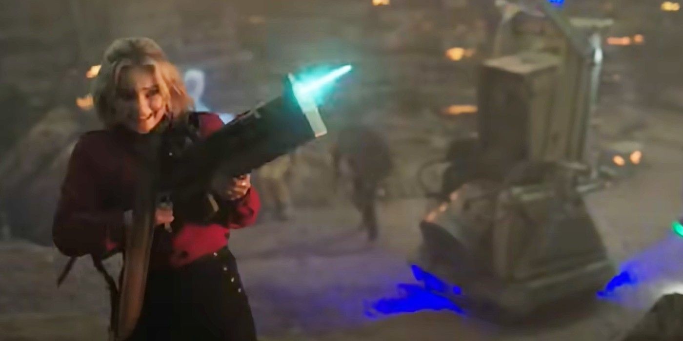 Millie Gibson as Ruby Sunday firing a laser gun in Doctor Who.