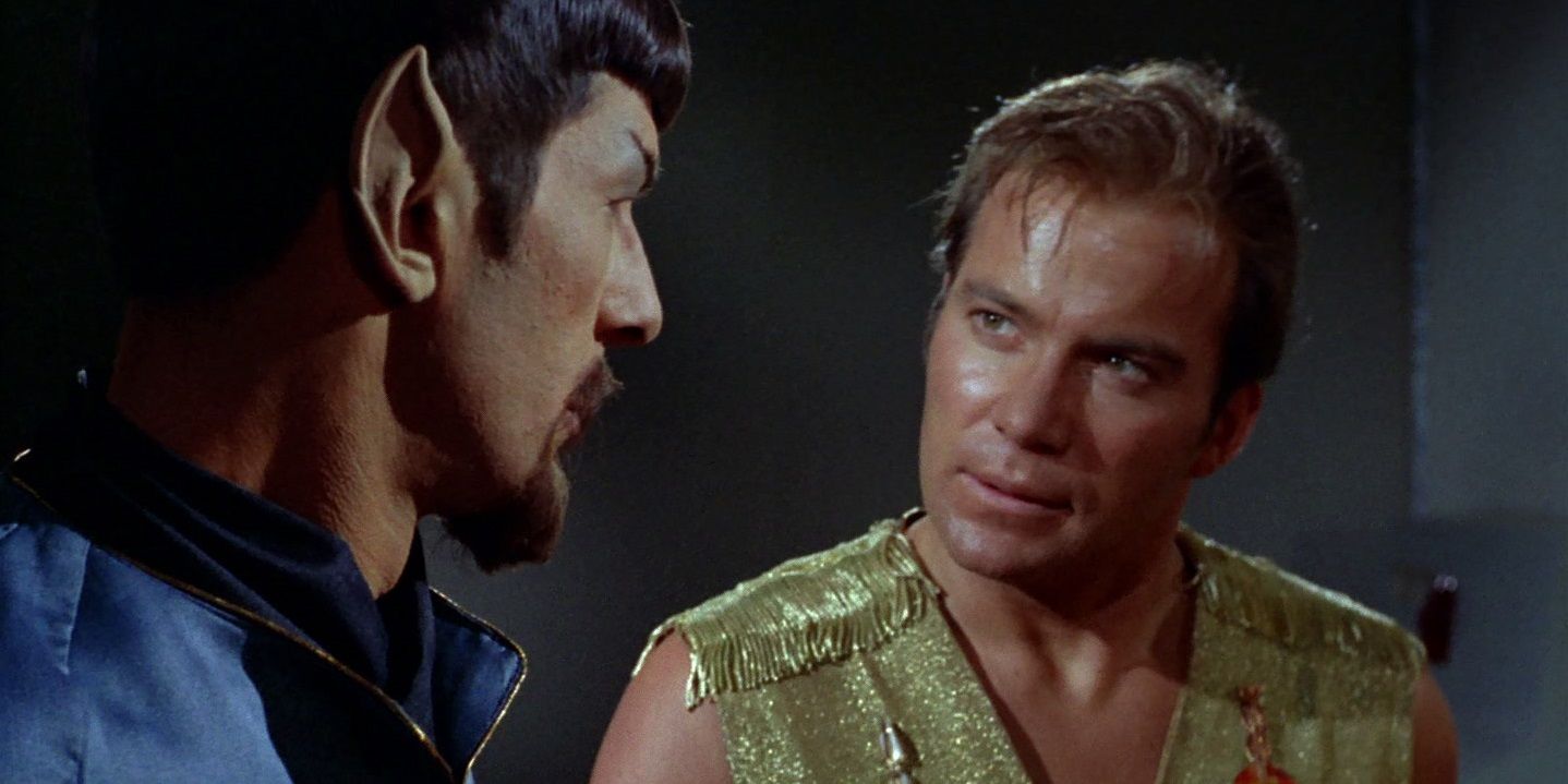 Star Trek The Original Series, Season 2 - Mirror, Mirror. Leonard Nimoy as Evil Spock and William Shatner as Captain James T Kirk. Transporter Room.