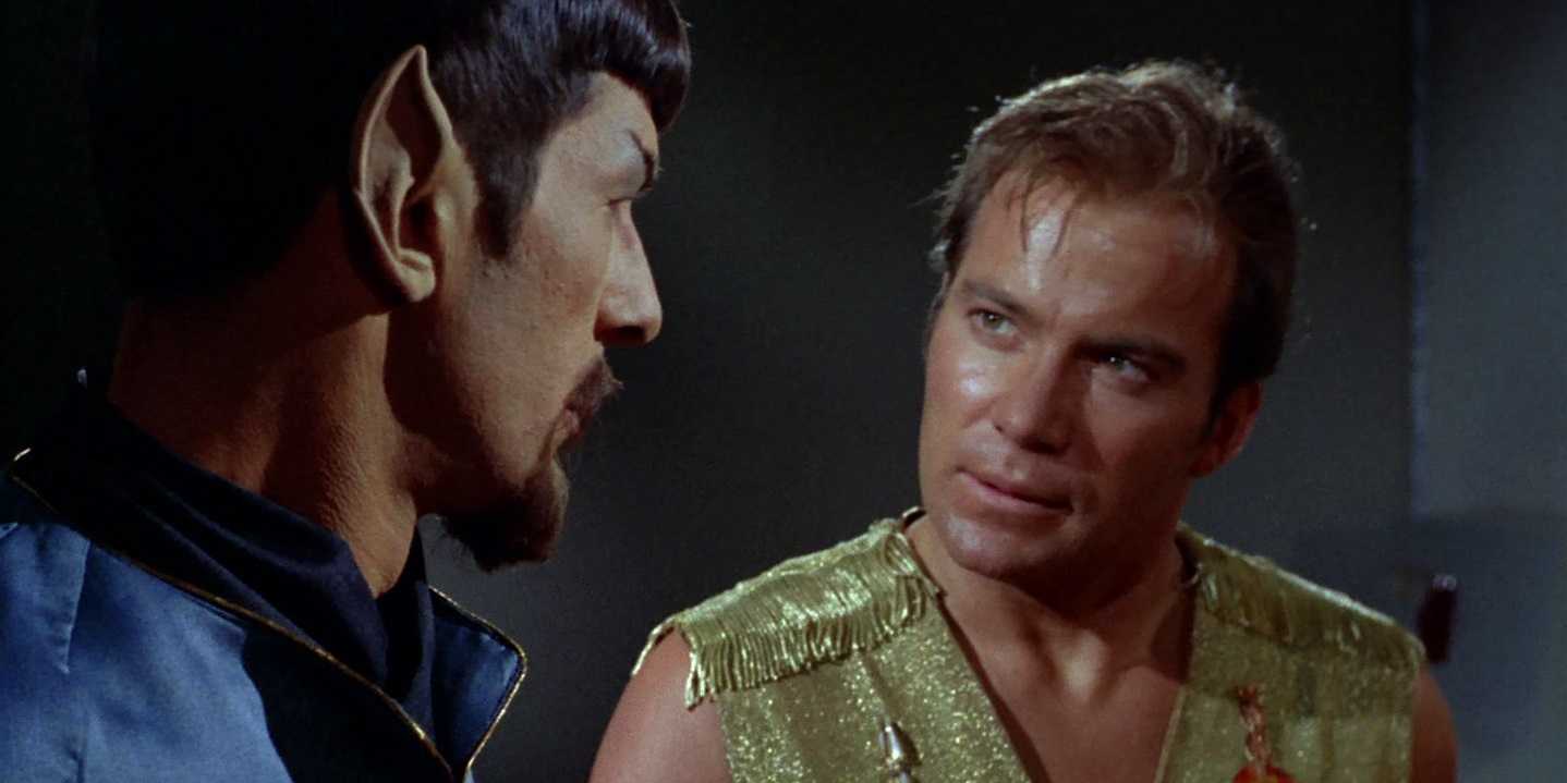 Star Trek The Original Series, Season 2 - Mirror, Mirror. Leonard Nimoy as Evil Spock and William Shatner as Captain James T Kirk. Transporter Room.