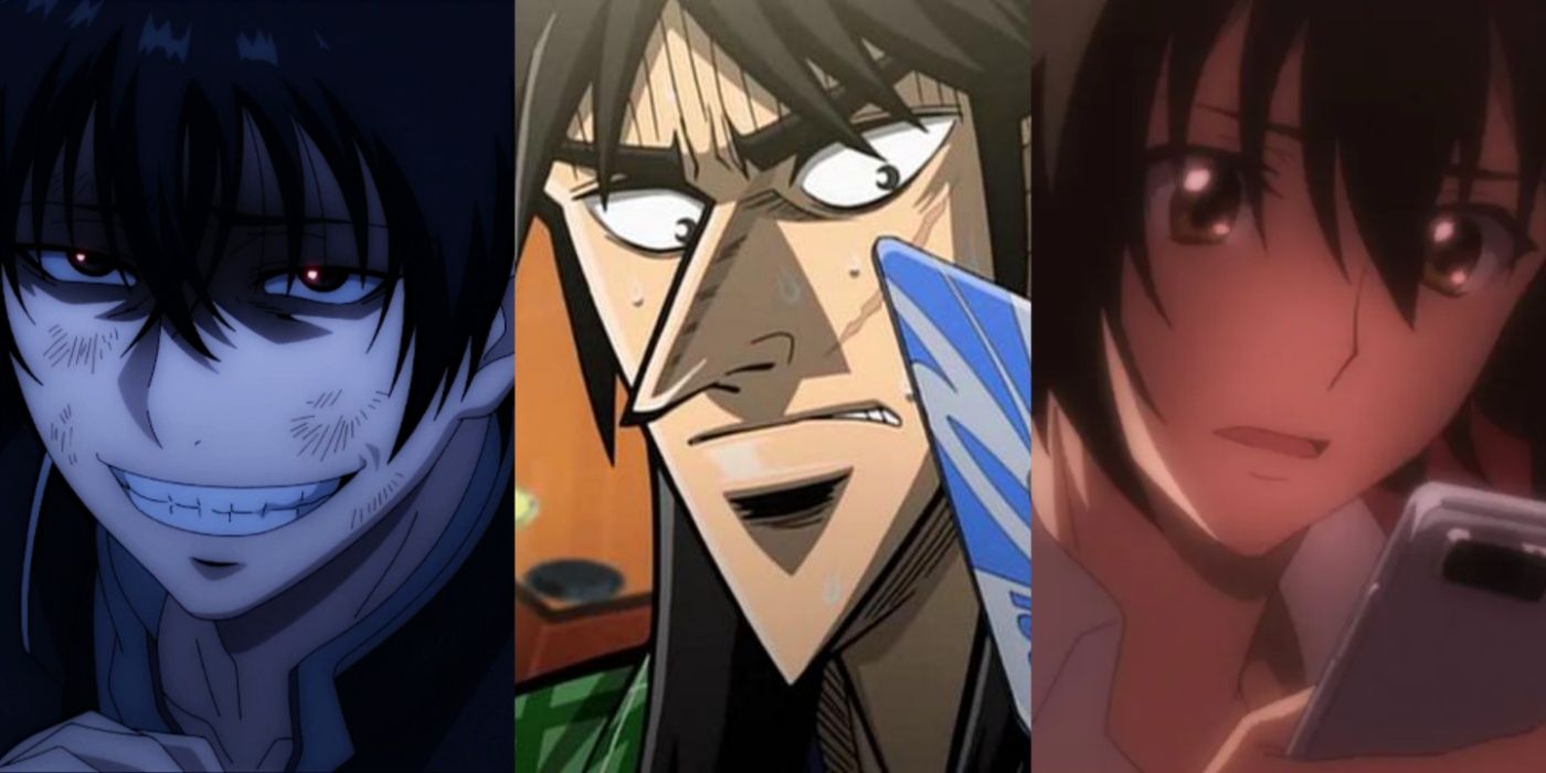  Ultimate Survivor. On the right, Nobuaki Kanazawa worriedly checks his phone in King's Game The Animation.