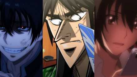 A three-image collage. On the left, Yuuichi Katagiri gives an eerie grin in Tomodachi Game. In the middle, Kaiji Itou looks worried as he draws a card in Kaiji: Ultimate Survivor. On the right, Nobuaki Kanazawa worriedly checks his phone in King's Game The Animation.