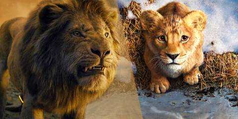 Simba roaring in The Lion King (2019) next to Mufasa in the poster for Mufasa: The Lion King (2024)