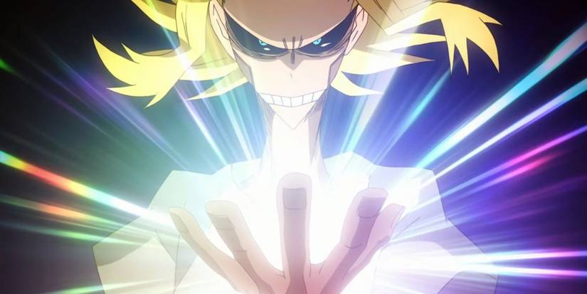 All Might schaut auf seine Hand, während seine Macke Licht ausstrahlt.