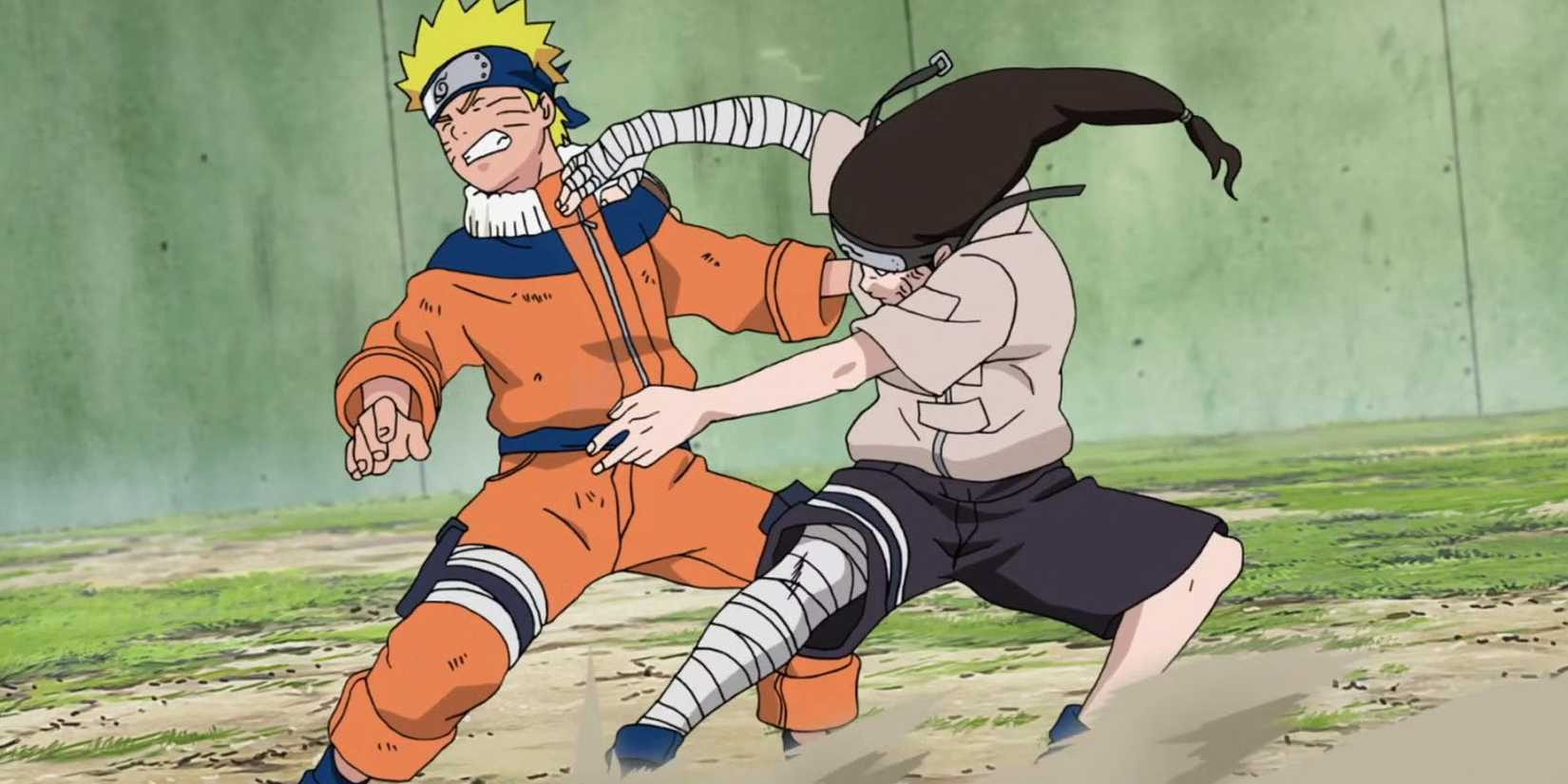 Screenshot from Naruto Part 1 anime shows Naruto getting hit by Neji's gentle fist fighting style during their battle in the chunnin exam finals.