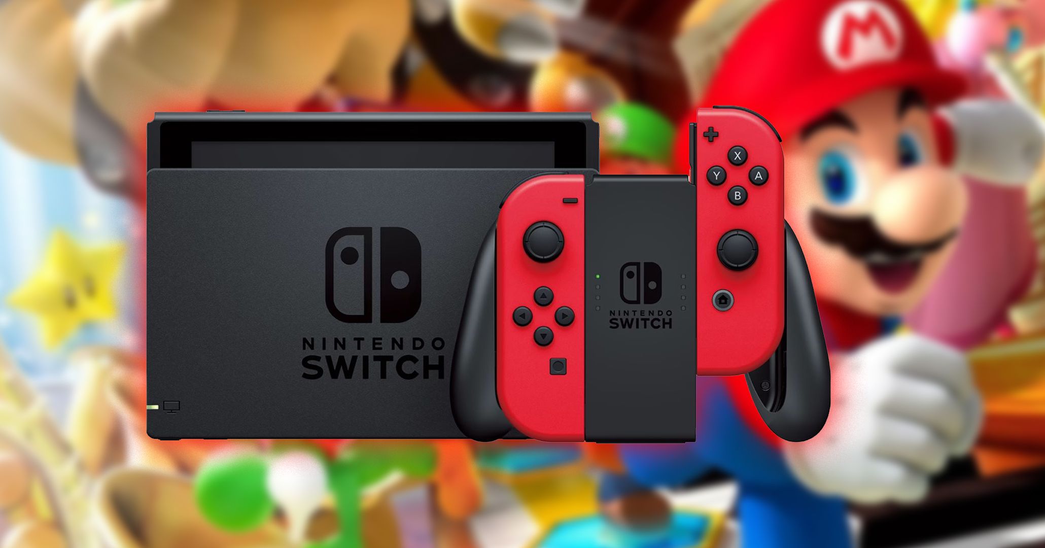 Nintendo Switch с красными Joy-Con перед ключевым изображением Mario Party.