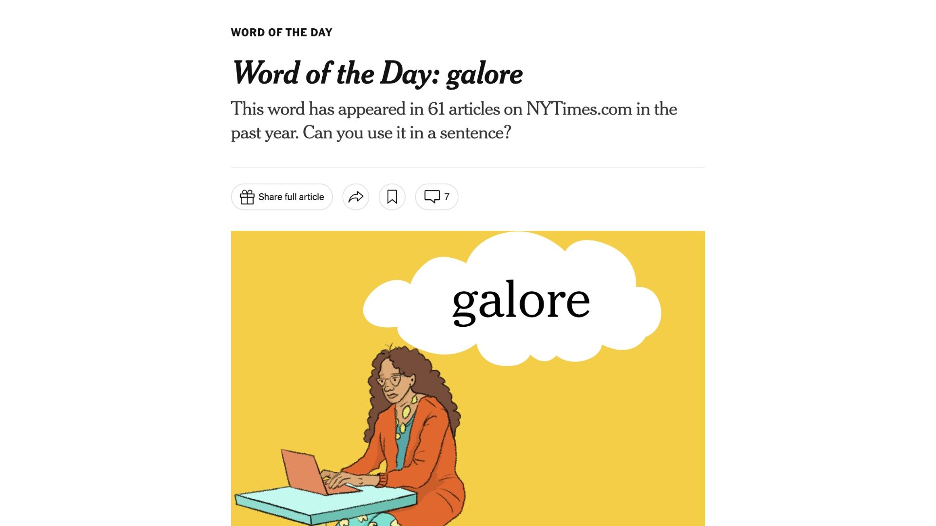 NYT Word of the Day page featuring the word Galore.