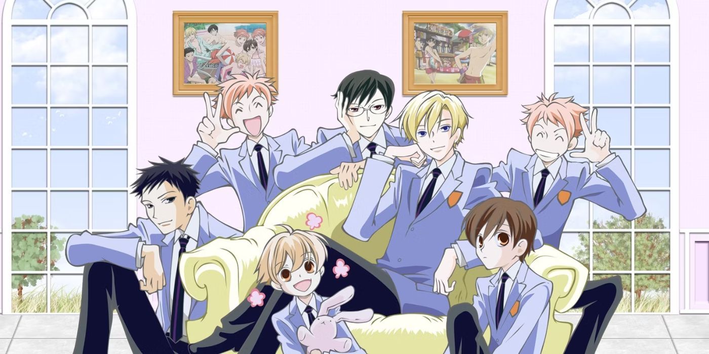 Official promotional art of the entire cast sitting together on a yellow couch from Ouran High School Host Club