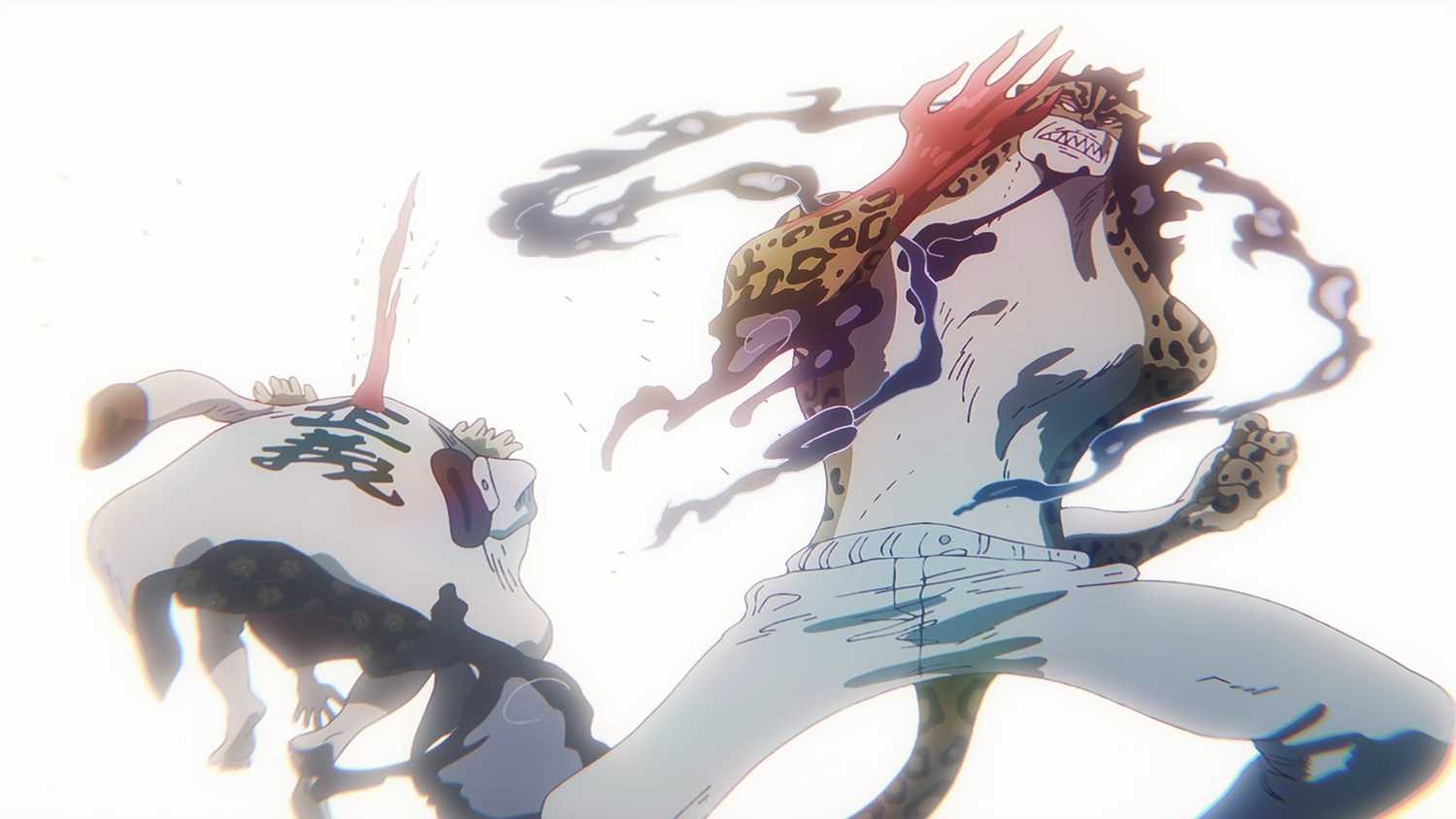 A dynamic anime-style illustration depicting a fierce battle scene. A powerful, leopard-like character with a furious expression is shown mid-attack, their body partially transformed, striking another character who is falling to the ground, seemingly injured. The background is bright white, emphasizing the intensity of the action and the characters' movements. Dark, smoky effects surround the characters, adding to the dramatic atmosphere.