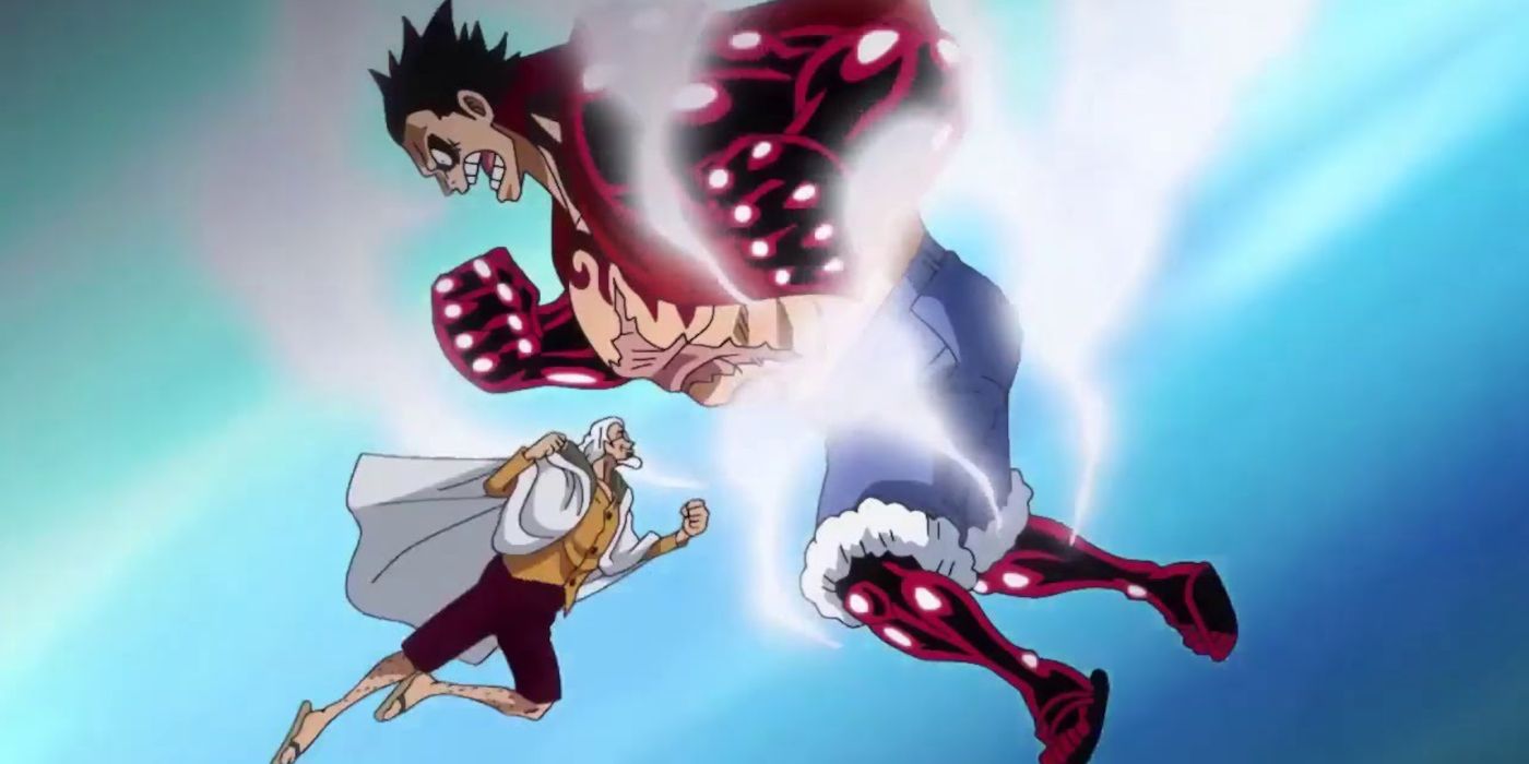 Screenshot from One Piece anime episode 870 shows Luffy Training Gear 4 against Rayleigh in a flashback.