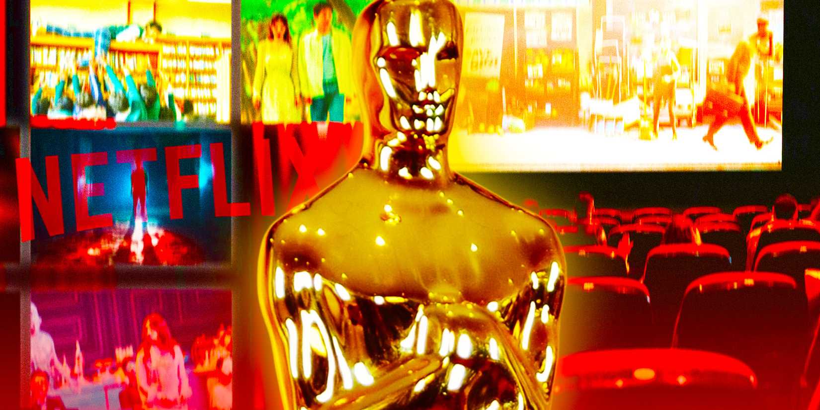 An Oscar statuette in front of a theater and a collage of streaming services