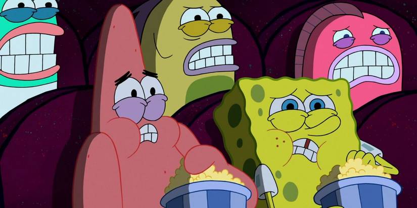 Patrick and SpongeBob frightened and eating popcorn at a movie theater in Don't Look Now.