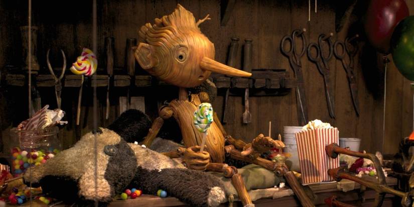 Pinocchio coming to life after Geppetto creates him in Guillermo del Toro's Pinocchio.