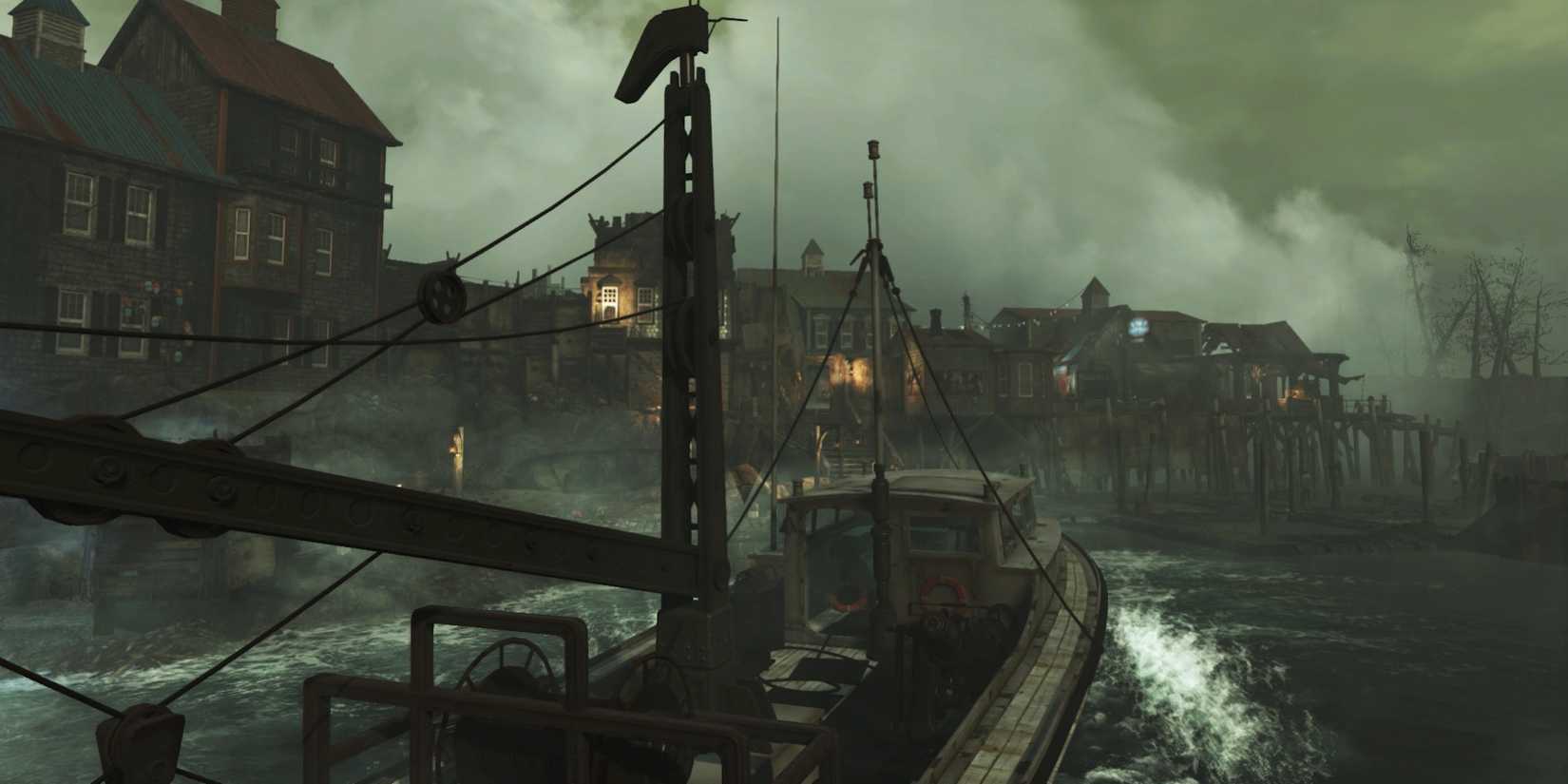 Player arriving at Far Harbor by boat in Fallout 4 Far Harbor DLC