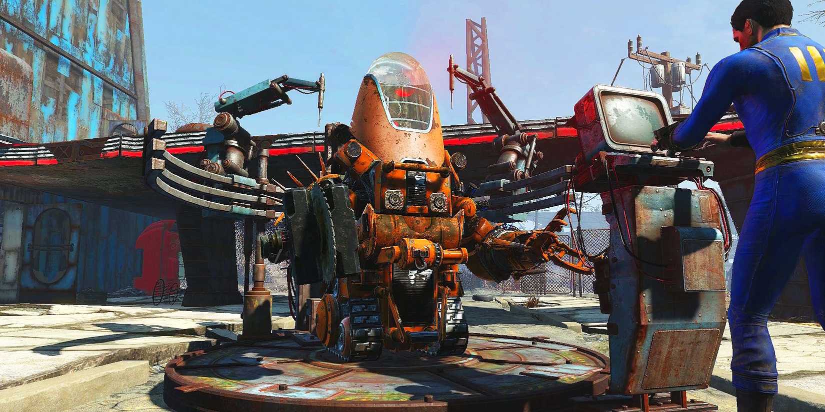 Player character making a new robot in Fallout 4 Automatron DLC.