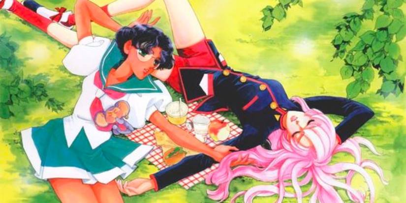 Revolutionary Girl Utena manga art by Chiho Saito of Anthy and Utena laying on a picnic blanket in a grassy field.
