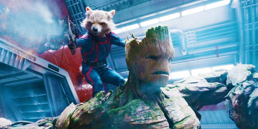Rocket fighting with Groot in Guardians of the Galaxy Vol. 3