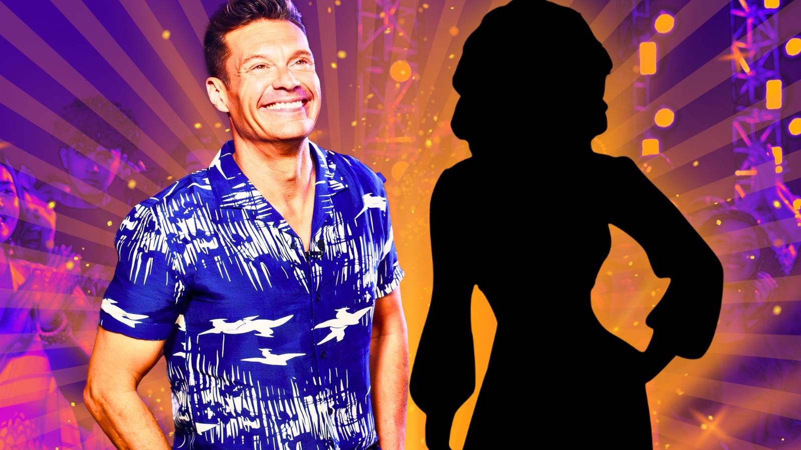 Ryan Seacrest, host of American Idol, smiles while standing next to a silhouette of a mystery woman.