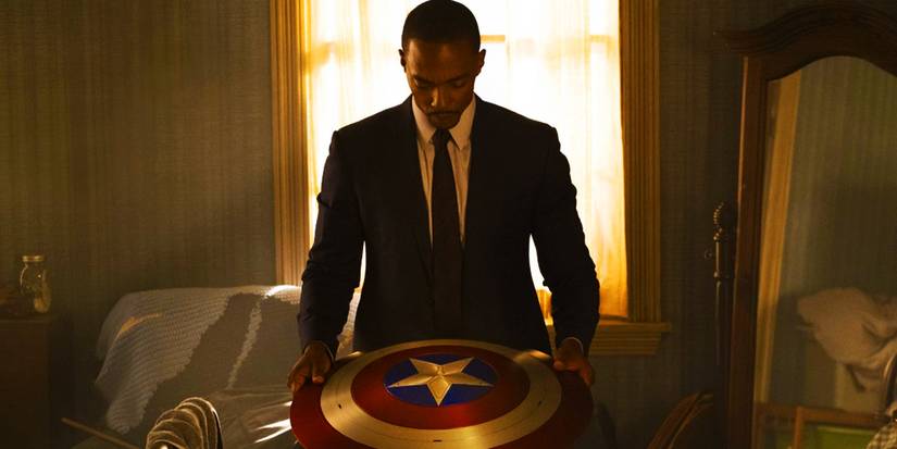 Sam Wilson doando o escudo do Capitão América em The Falcon and the Winter Soldier