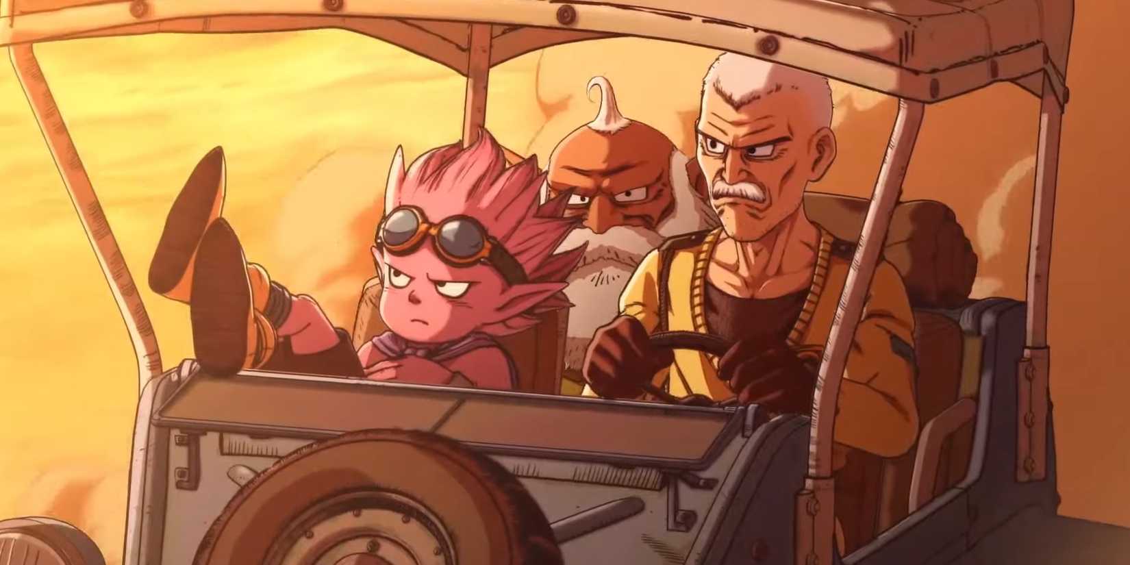 Screenshot from Sand Land Anime shows Beelzebub Rao and Thief Driving through the desert.