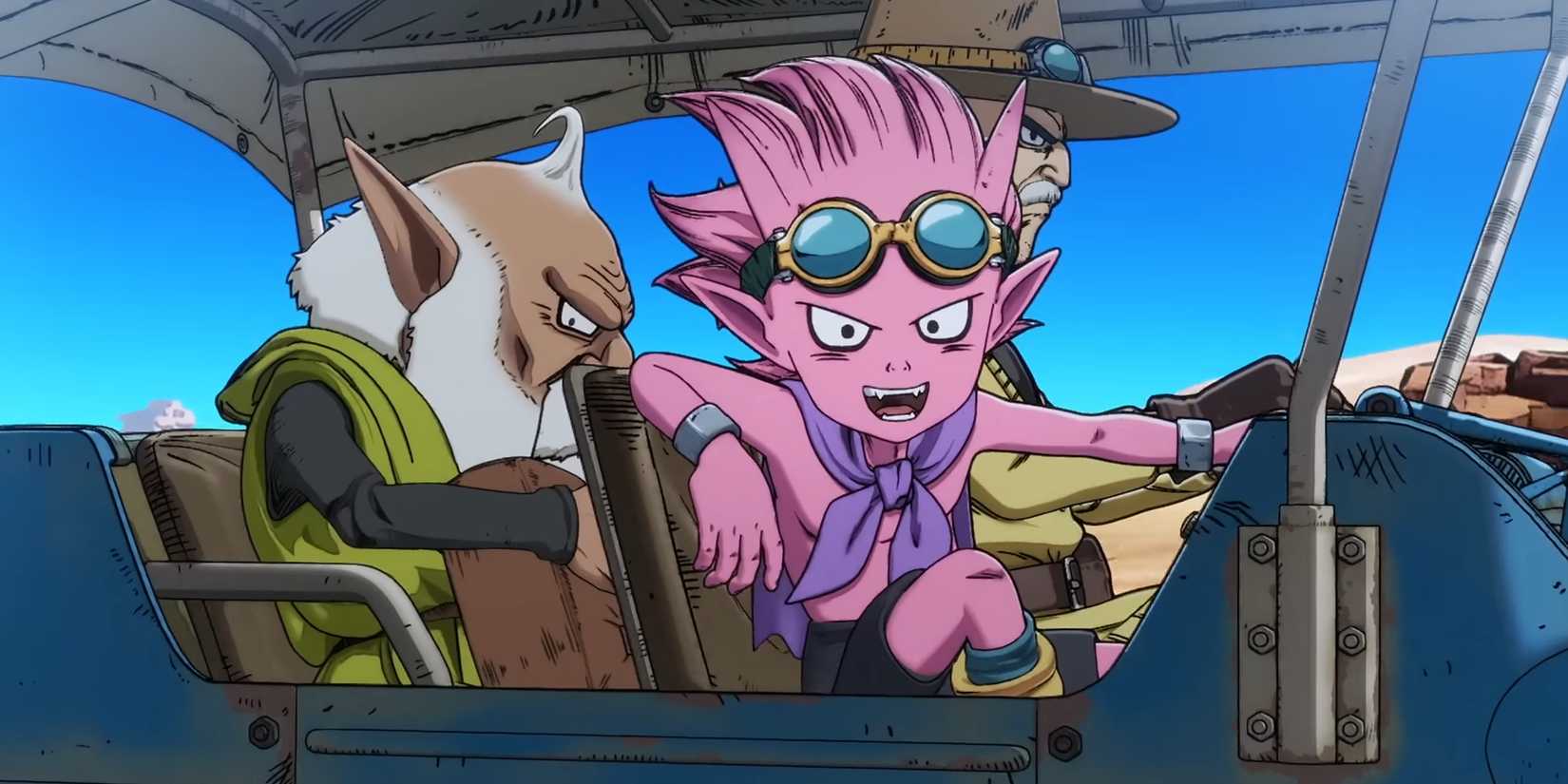 Ein Screenshot aus dem Anime „Sand Land“ zeigt Beelebub Thief und Roa, wie sie einen Karren auf Sand fahren, mit einem blauen Himmel im Hintergrund.