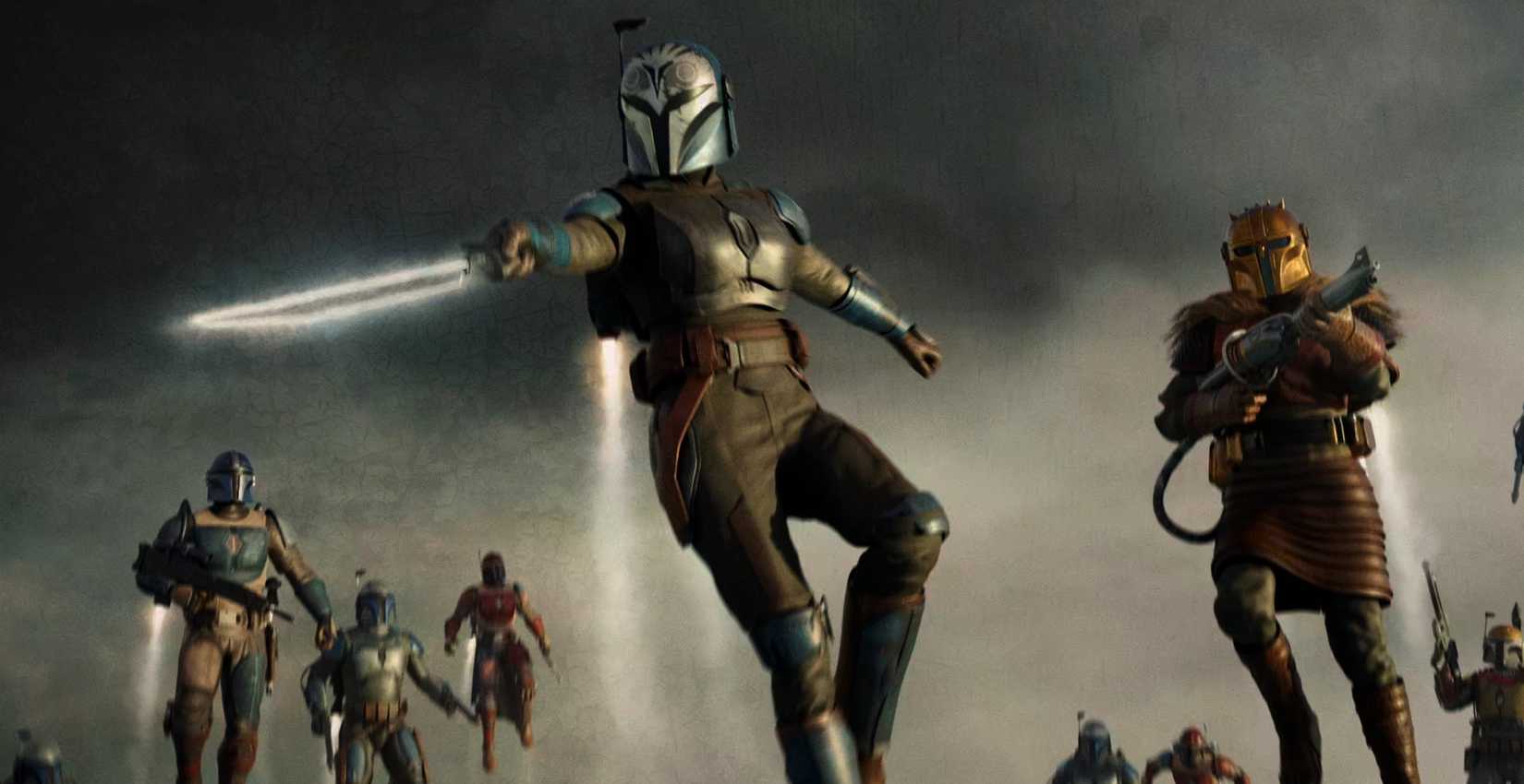 The Mandalorian Concept Art from Season 3 Episode 8 "The Return" showing Bo-Katan wielding the Darksaber, leading Mandalorians in battle