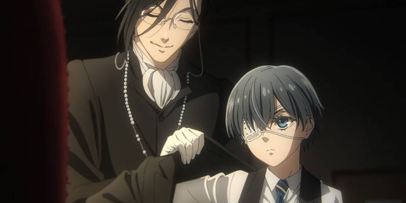 Sebastian helping Ciel put on a coat in Episode #2 of Black Butler -Public School Arc-