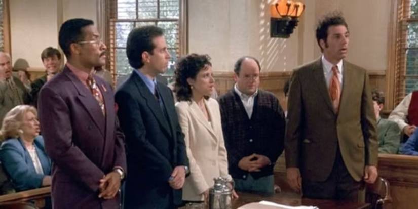 Jackie Chiles, Jerry, Elaine, George e Kramer no final da série Seinfeld