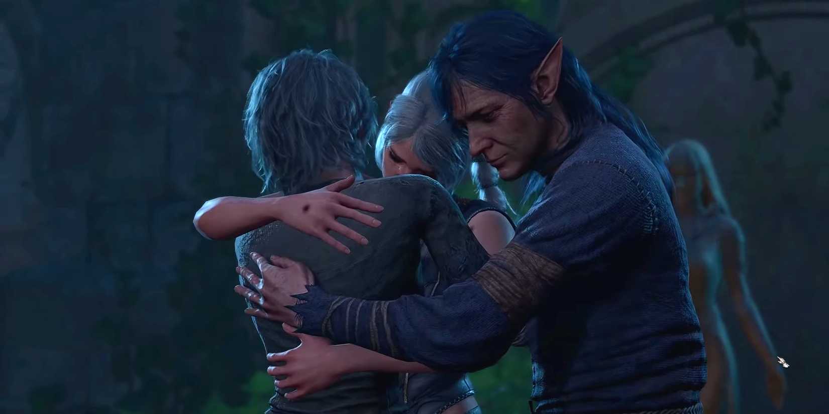 Shadowheart and her parents hug in Baldur's Gate 3