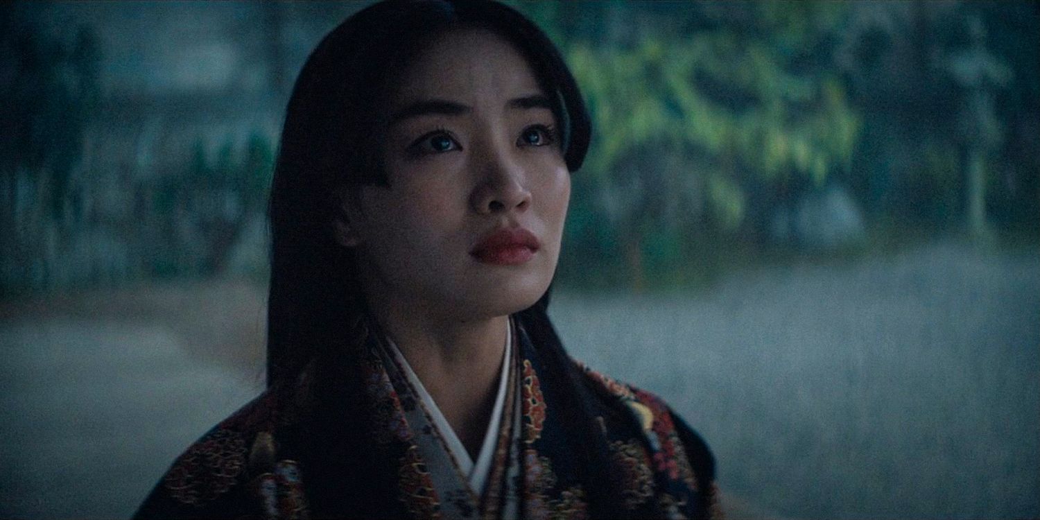 Mariko holding back tears in her eyes in Shogun season 1 Ep 9 