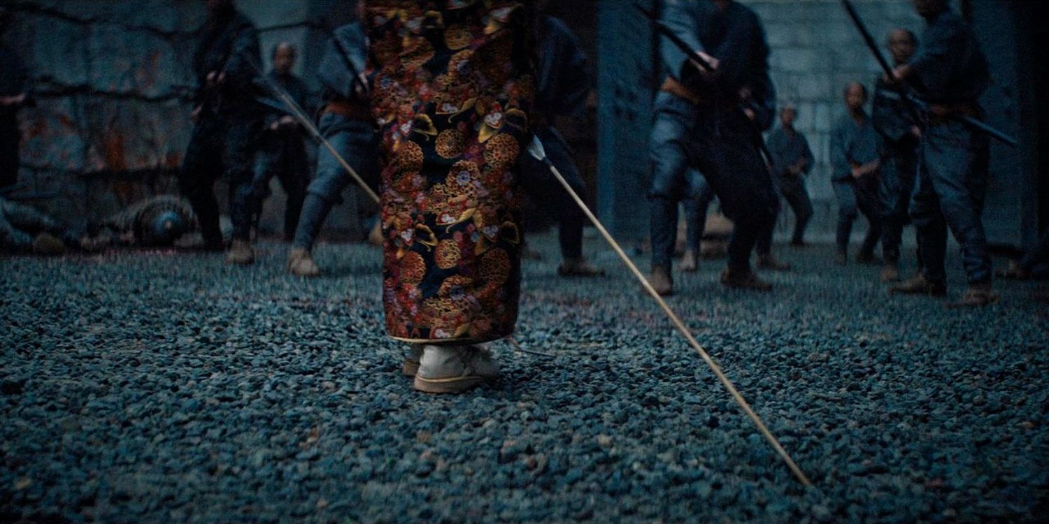 Close-up of Mariko's feet surrounded by some arrows in Shogun season 1 Ep 9 